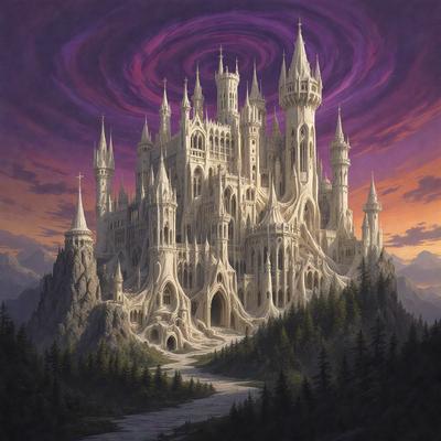Primary subject: A large, intricate castle with a purple sky in the background.

Setting/background: The castle is set against a purple sky, giving it a dramatic and magical appearance.

Visual style: The image is a digital art or illustration, showcasing the intricate details of the castle.

Colors and mood: The purple sky adds a sense of mystery and enchantment to the scene, while the castle's design and architecture evoke a sense of grandeur